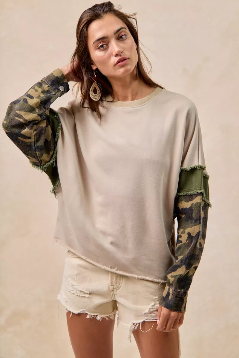 BiBi Camo Sleeve French Terry Top with Frayed Edge | Daverri Fashions