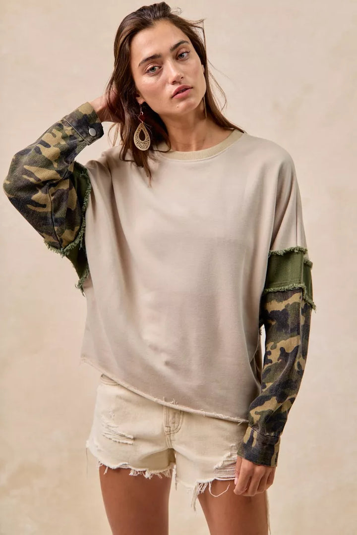 BiBi Camo Sleeve French Terry Top with Frayed Edge | Daverri Fashions