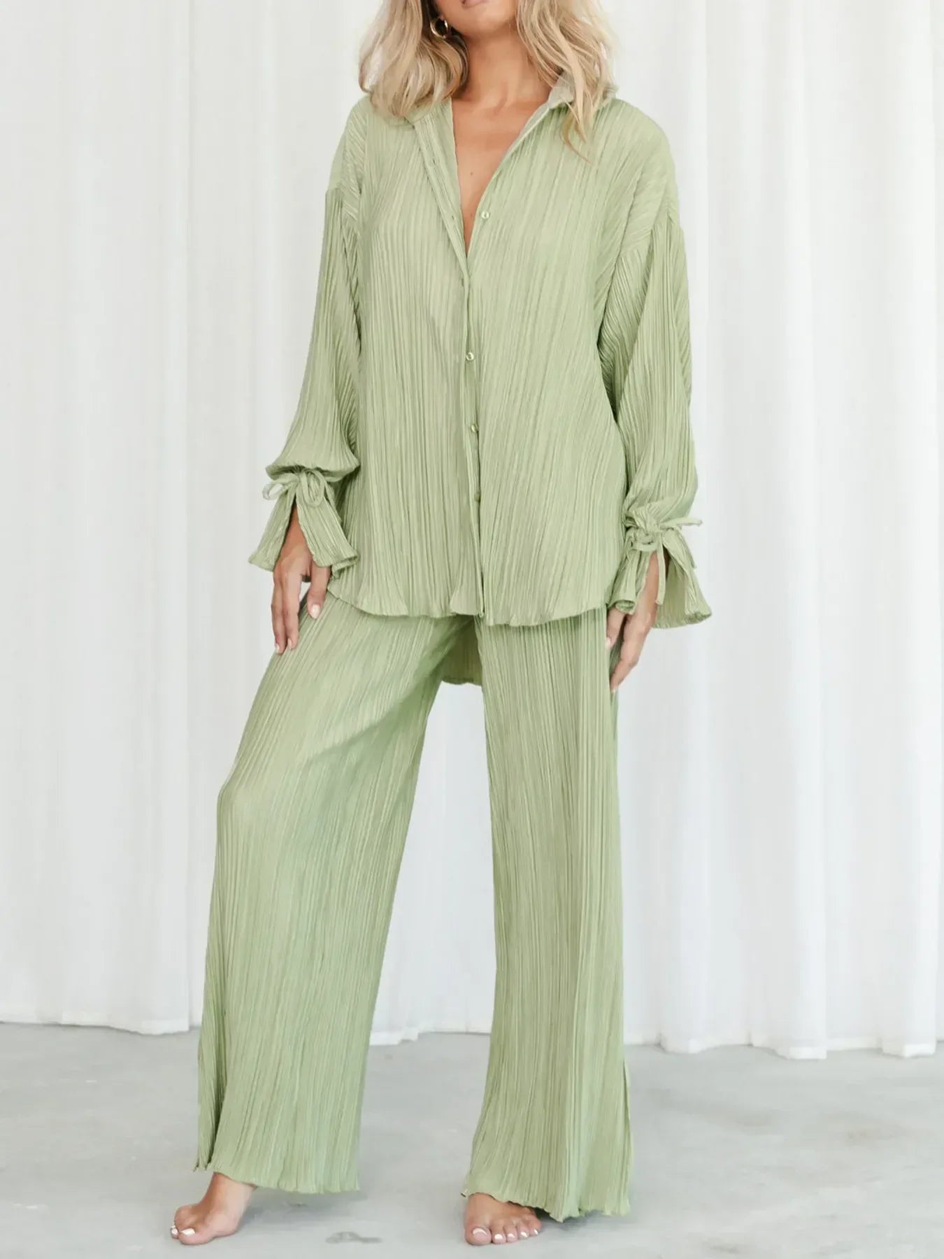 Button Up Long Sleeve Top and Pants Set - DAVERRI FASHIONS