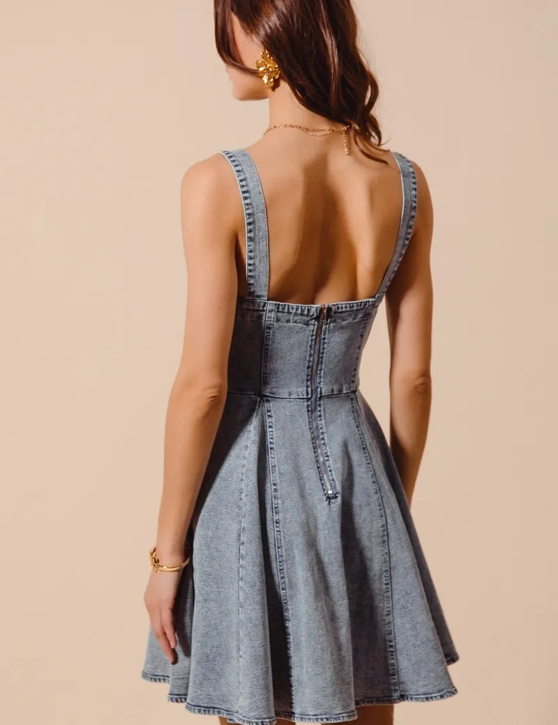 SO ME Mineral Washed Bow Ribbon Denim Flare Dress | Mini Dresses Daverri Fashions