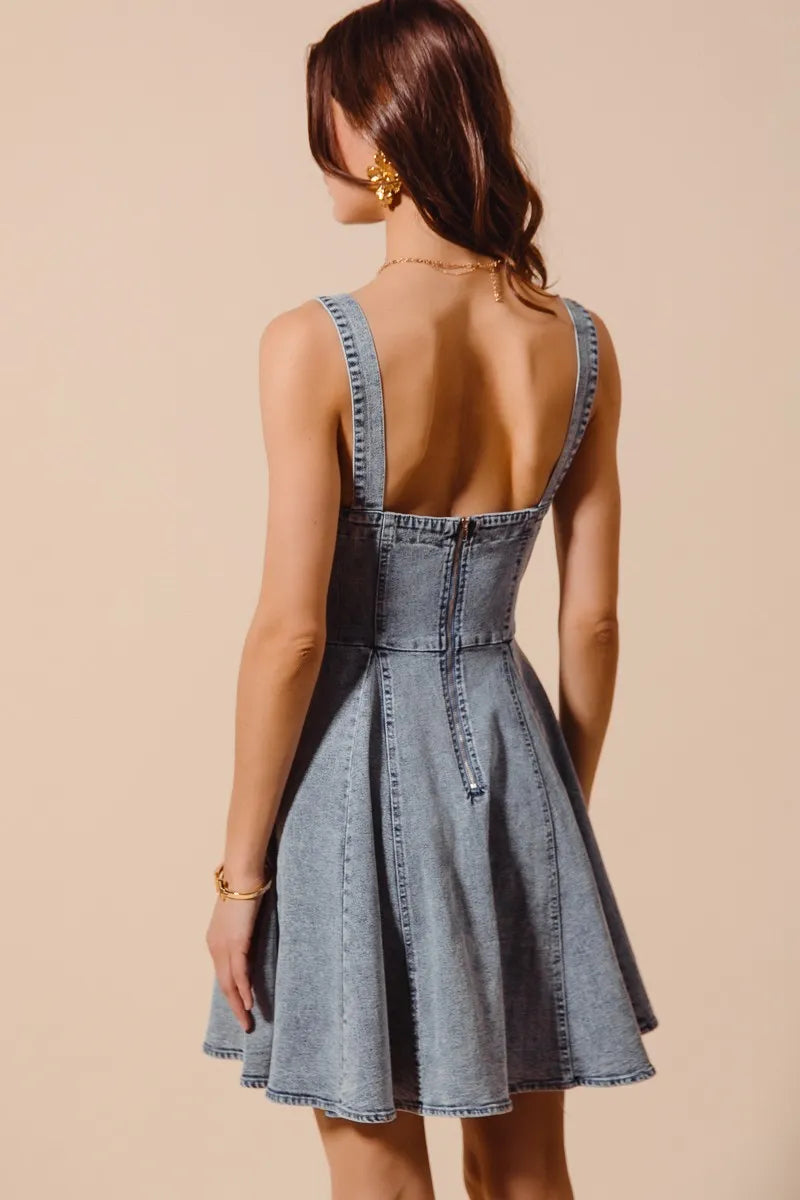SO ME Mineral Washed Bow Ribbon Denim Flare Dress Mini Dresses