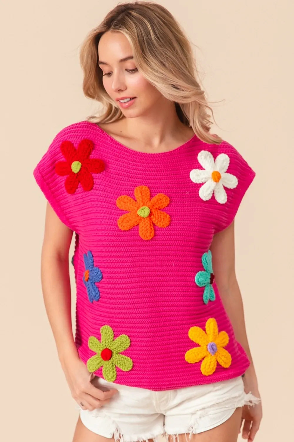 BiBi Flower Round Neck Cap Sleeve Knit Top | Knit Tops Daverri Fashions