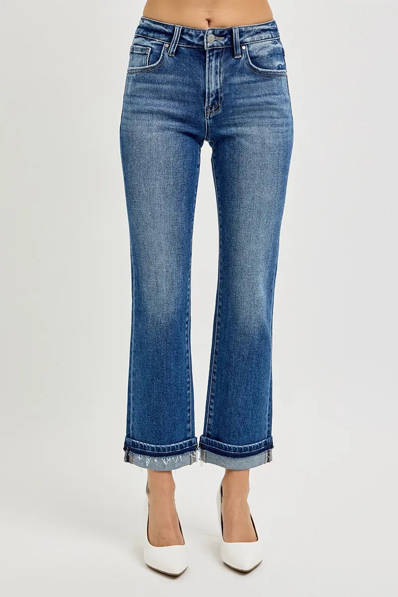 DARK RISEN Mid Rise Ankle Straight Cuffed Jeans | Jeans Daverri Fashions
