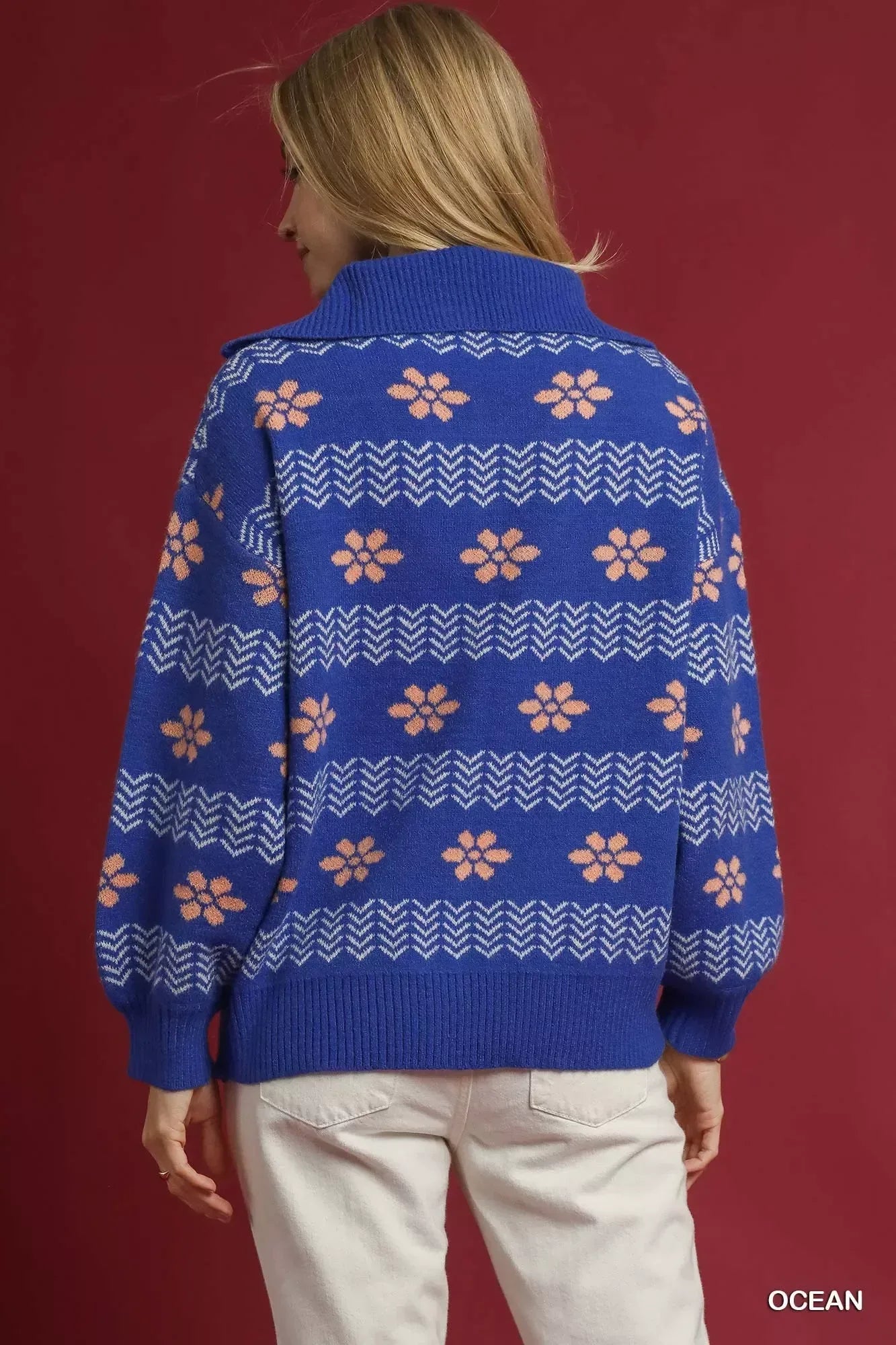 Umgee Floral Patterned Jacquard Quarter-Zip Pullover Sweater Ocean - DAVERRI FASHIONS