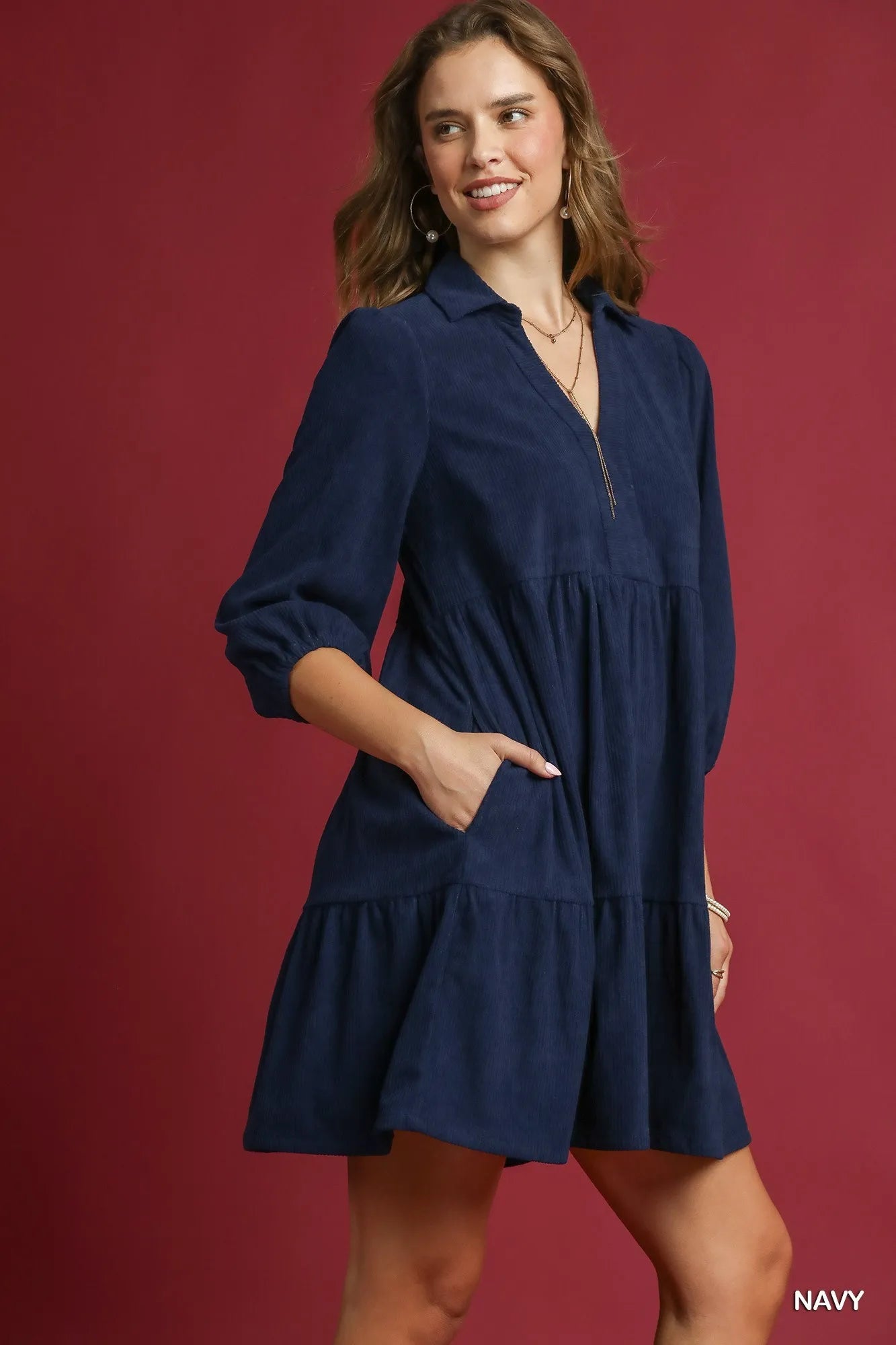 Umgee Tiered Corduroy Mini Dress with Balloon Sleeves Mini Dresses
