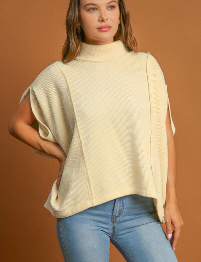 Umgee Solid Color Mock Neck Short Sleeve Top Cream L