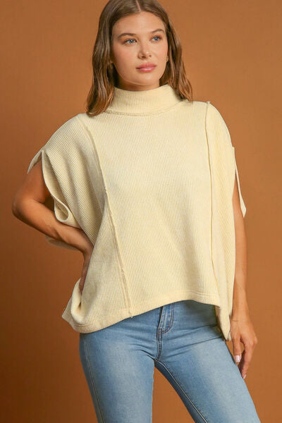 Umgee Solid Color Mock Neck Short Sleeve Top Cream L