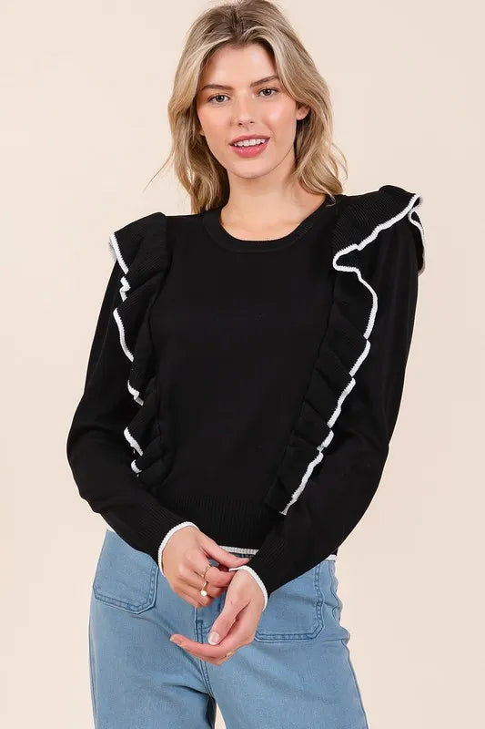 Mittoshop Contrast Trim Ruffled Round Neck Knit Top | Tops Daverri Fashions