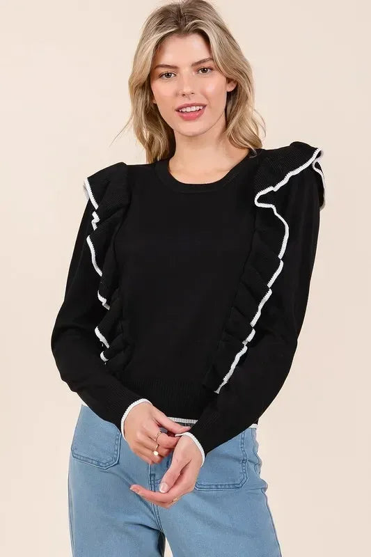 Mittoshop Contrast Trim Ruffled Round Neck Knit Top - DAVERRI FASHIONS