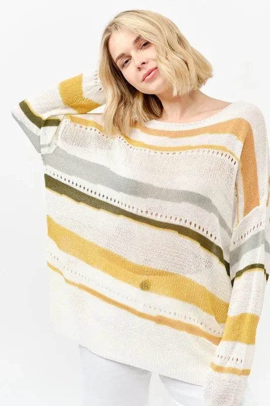 And The Why Abstract Striped Light Weight Loose Sweater - DAVERRI FASHIONS