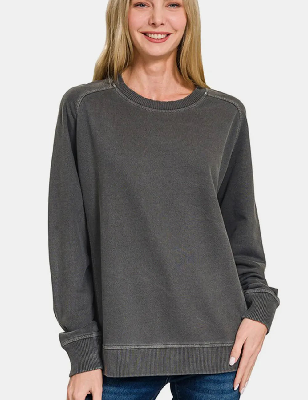Black Zenana Full Size Pigment Dyed French Terry Sweatshirt | Sweatshirts Daverri Fashions
