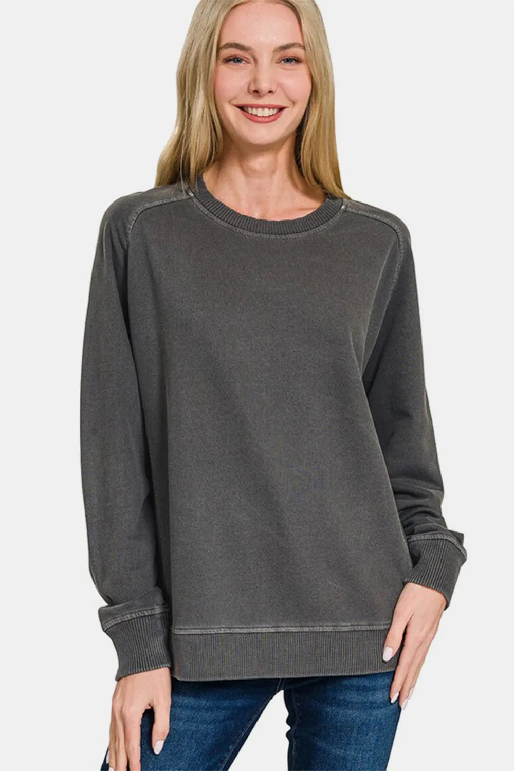 Zenana Full Size Pigment Dyed French Terry Sweatshirt Black Sweatshirts