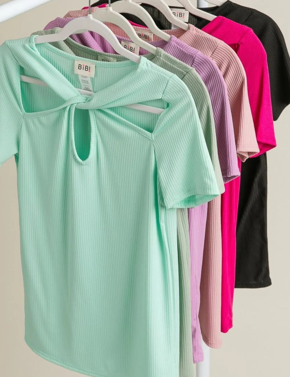 MINT BiBi Rib Knit with Cut Out and Front Twist Detailed Top | Tops Daverri Fashions