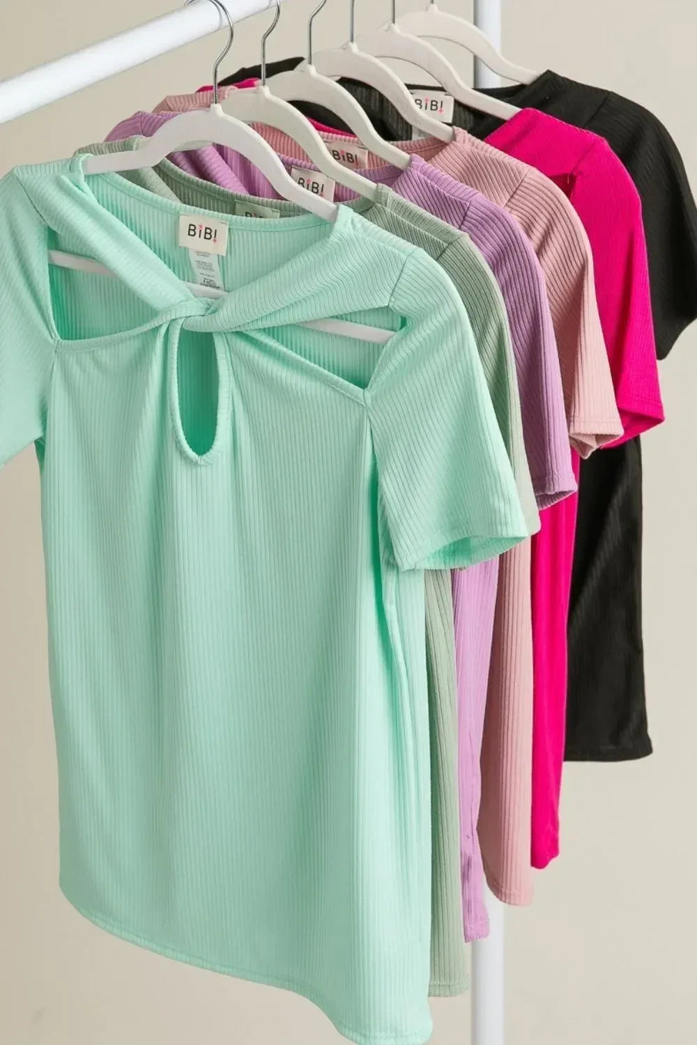 BiBi Rib Knit with Cut Out and Front Twist Detailed Top - DAVERRI FASHIONS