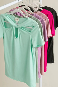 BiBi Rib Knit with Cut Out and Front Twist Detailed Top - DAVERRI FASHIONS