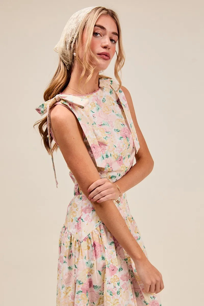 SO ME Floral Printed Woven Shoulder Bow Tie Top and Skirt Set Outfit Sets