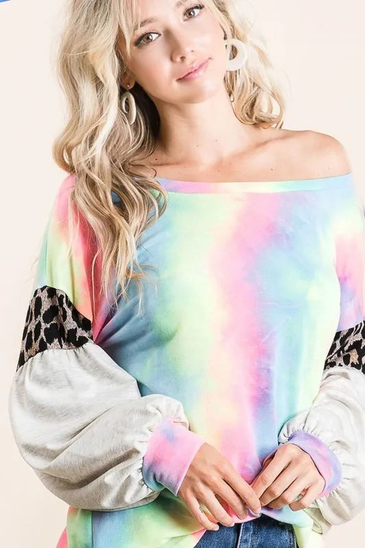 BiBi Tie Dye Terry Top with Contrast Puff Sleeves