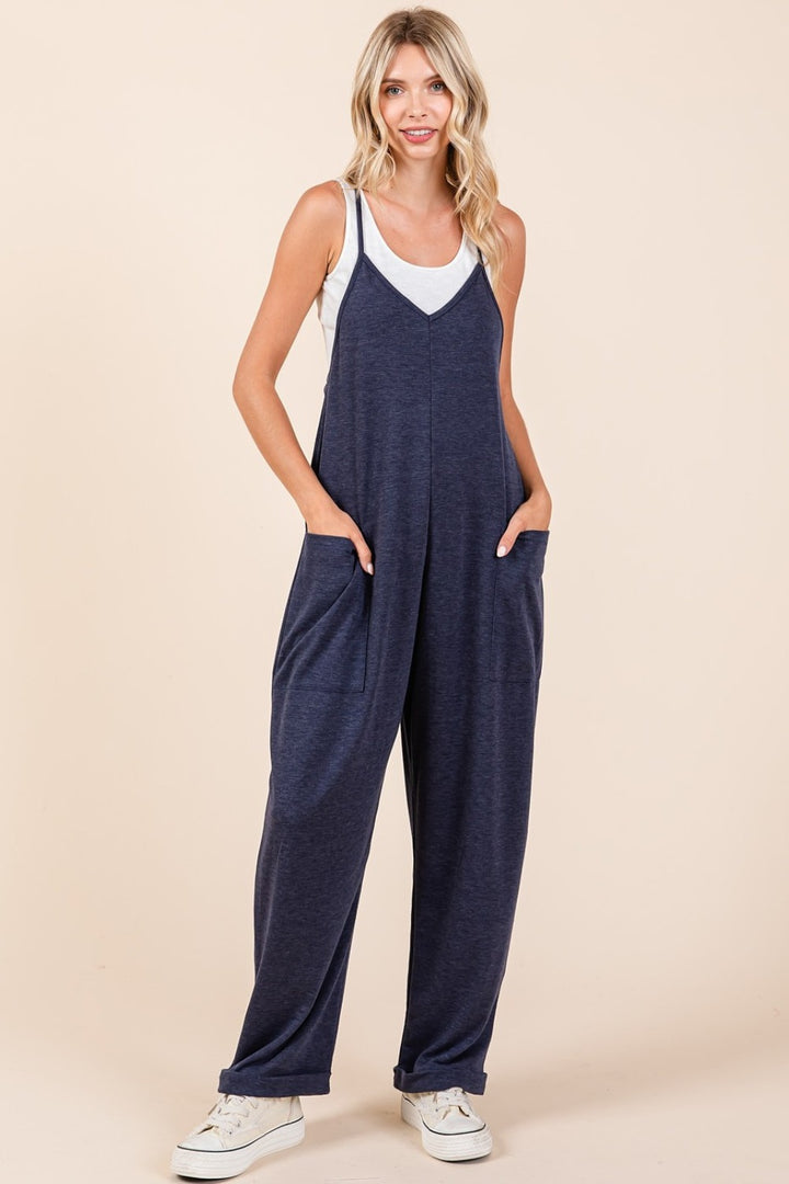 Mittoshop Patch Pocket Wide Leg Sleeveless Jumpsuit Navy