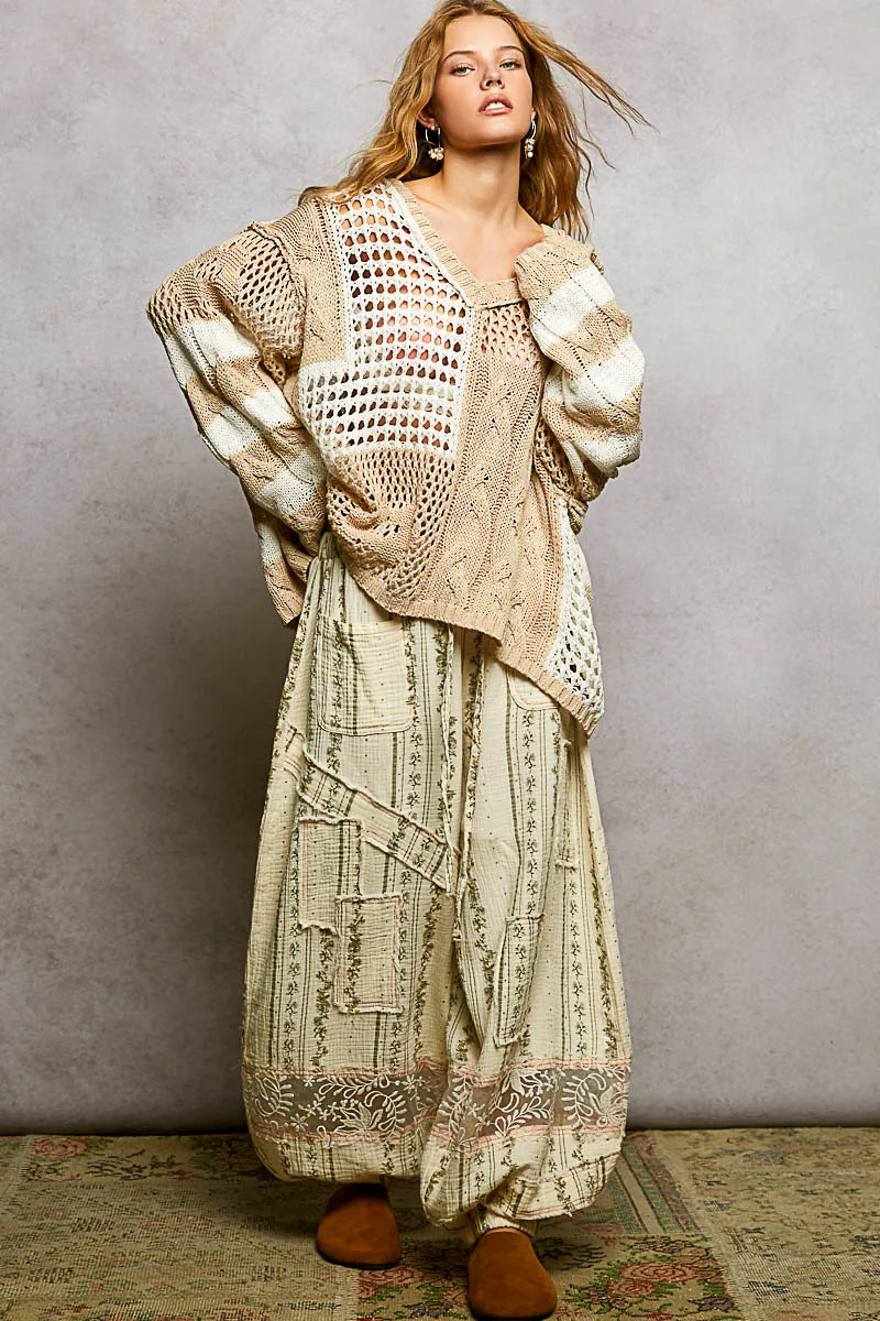 Beige and cream striped crochet cardigan with openwork panels