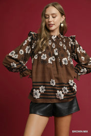 BROWN MIX Umgee Full Size Mix Floral Smocked Ruffle Blouse Plus Size | Tops Daverri Fashions