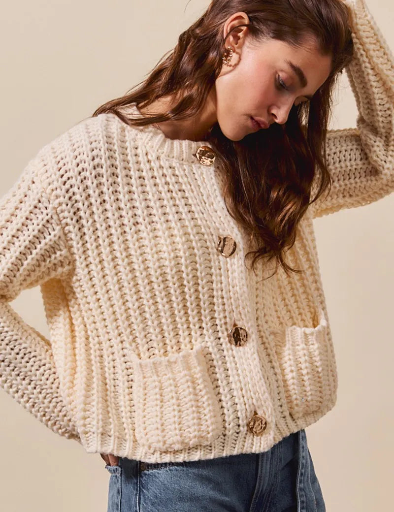 CREAM SO ME Metal Button Long Sleeve Chunky Sweater Cardigan | Sweaters Daverri Fashions