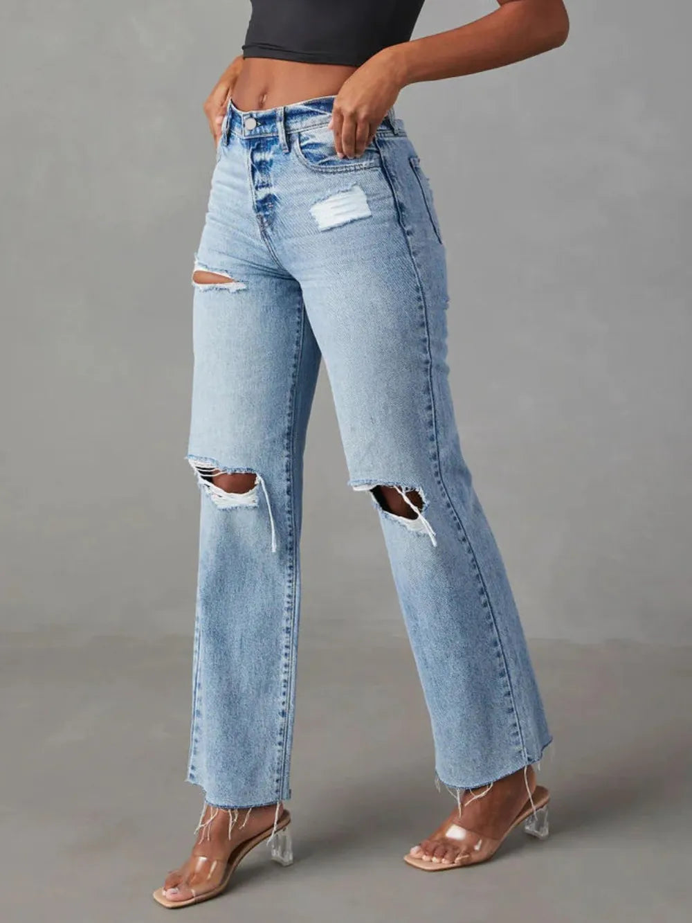 Distressed Straight Leg Jeans with Pockets | Jeans Daverri Fashions
