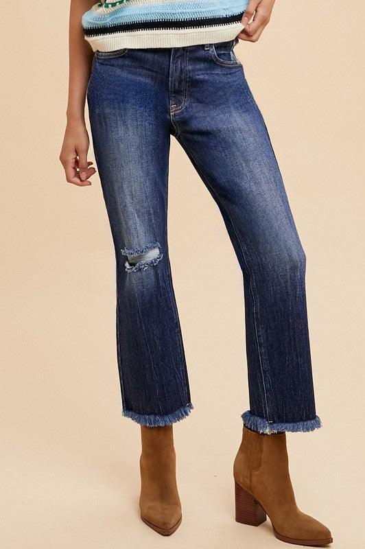 Annie Wear Distressed Raw Hem Straight Leg Cropped Jeans - DAVERRI FASHIONS