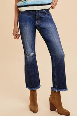 Annie Wear Distressed Raw Hem Straight Leg Cropped Jeans - DAVERRI FASHIONS