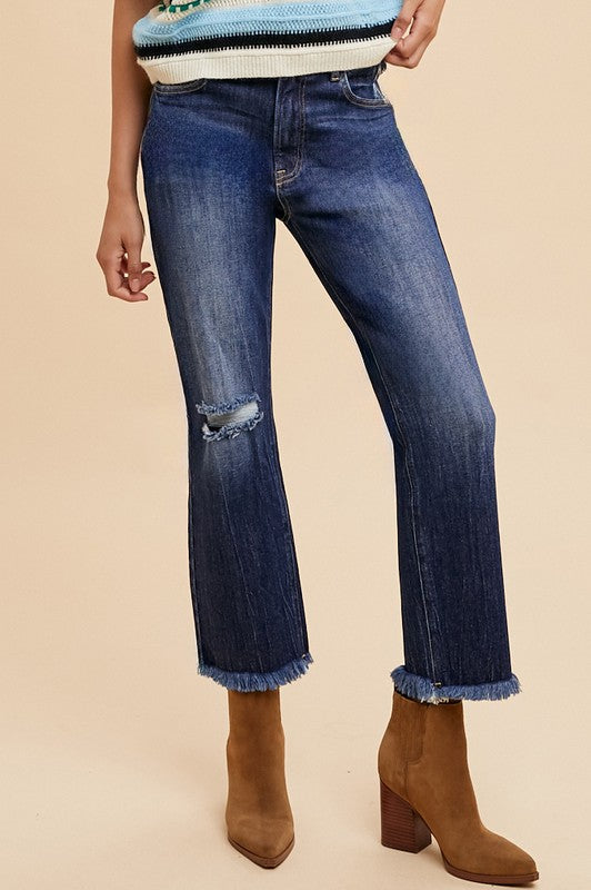 Annie Wear Distressed Raw Hem Straight Leg Cropped Jeans Dark