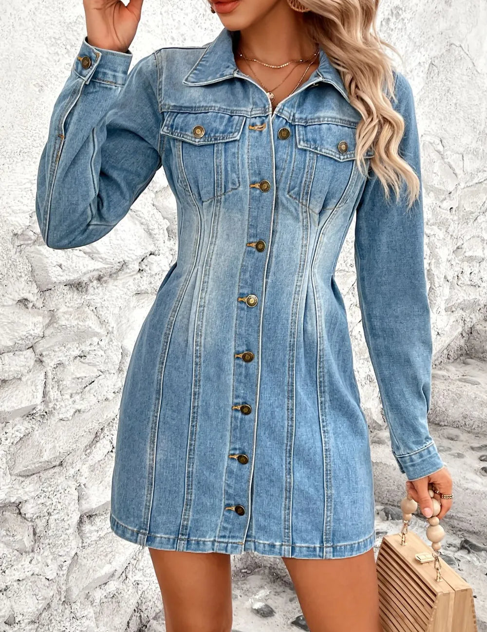 Medium Pocketed Button Up Long Sleeve Denim Dress | Mini Dresses Daverri Fashions