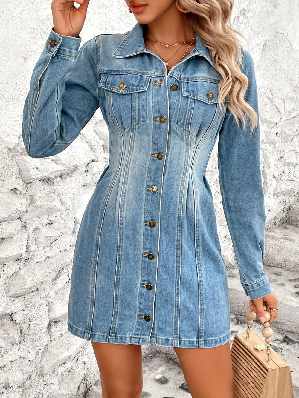 Medium Pocketed Button Up Long Sleeve Denim Dress | Mini Dresses Daverri Fashions