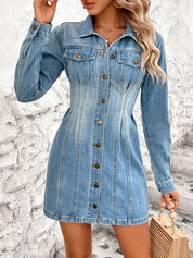 Medium Pocketed Button Up Long Sleeve Denim Dress | Mini Dresses Daverri Fashions