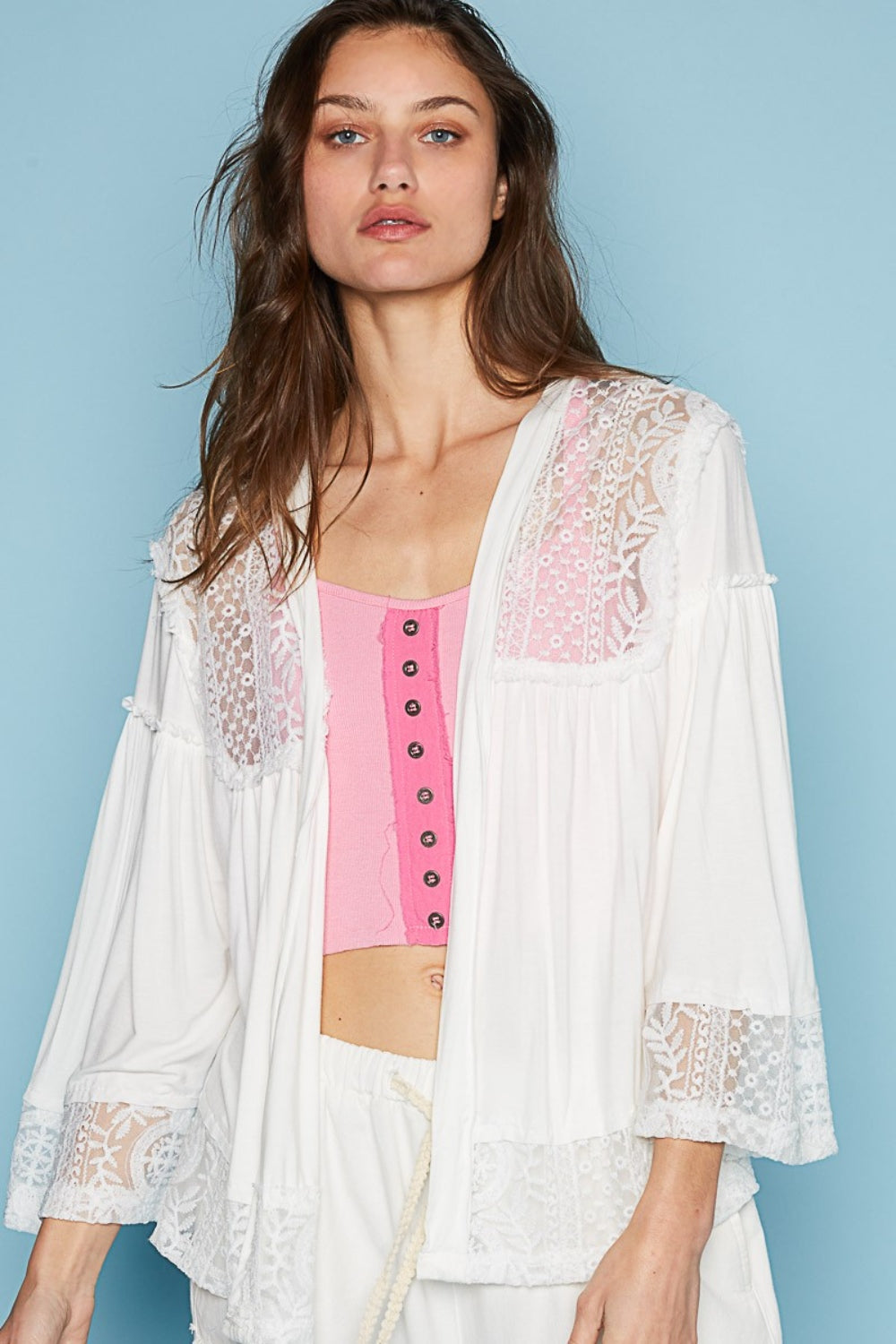 POL Open Front Lace Detail Cardigan Ivory L