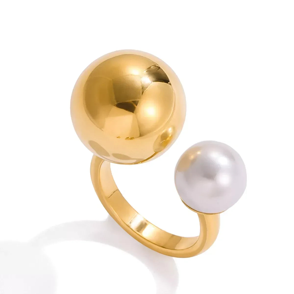 18K Gold-Plated Orb & Pearl Open Ring - DAVERRI FASHIONS