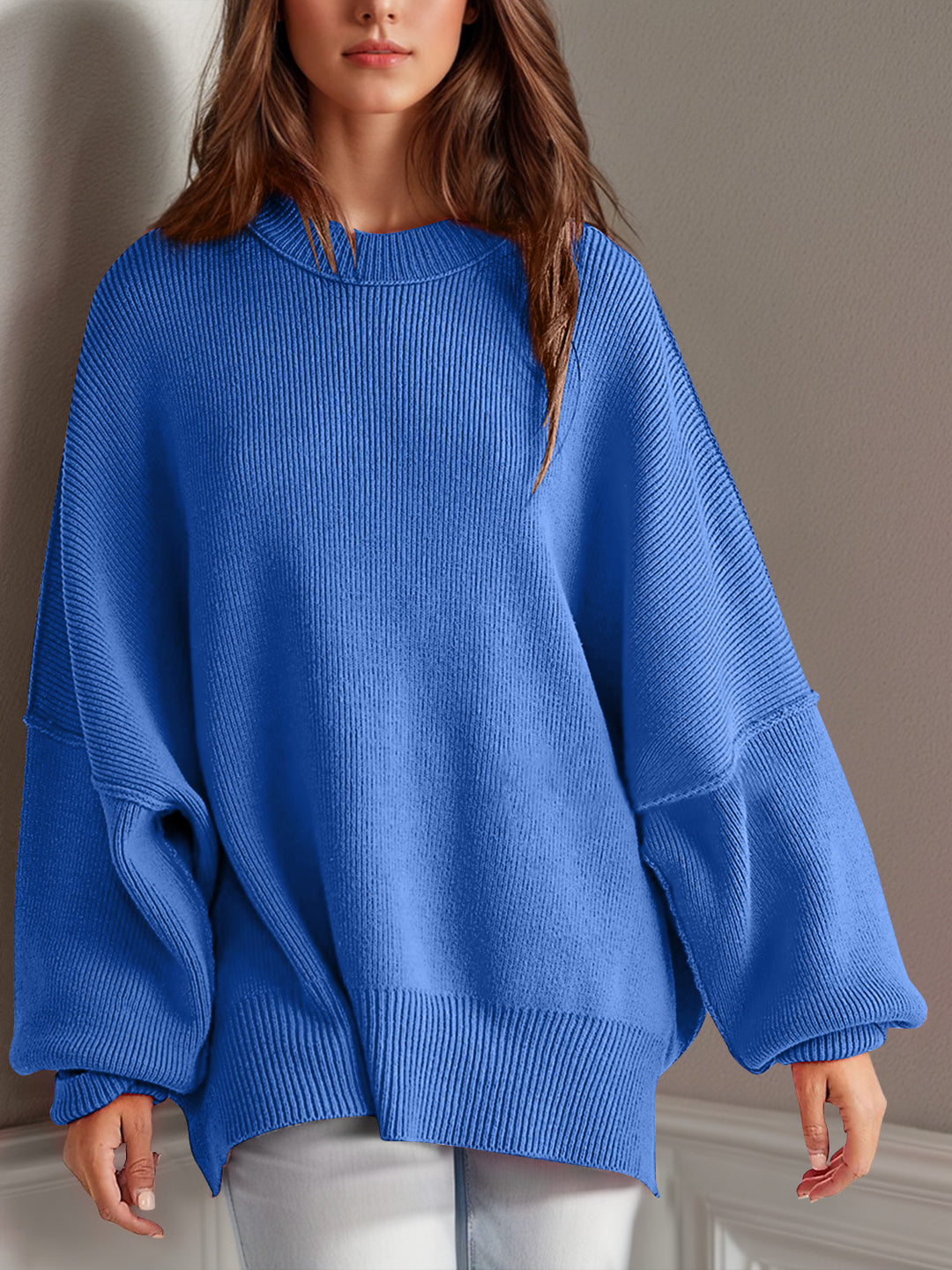 Side Slit Round Neck Long Sleeve Sweater Royal Blue Tops