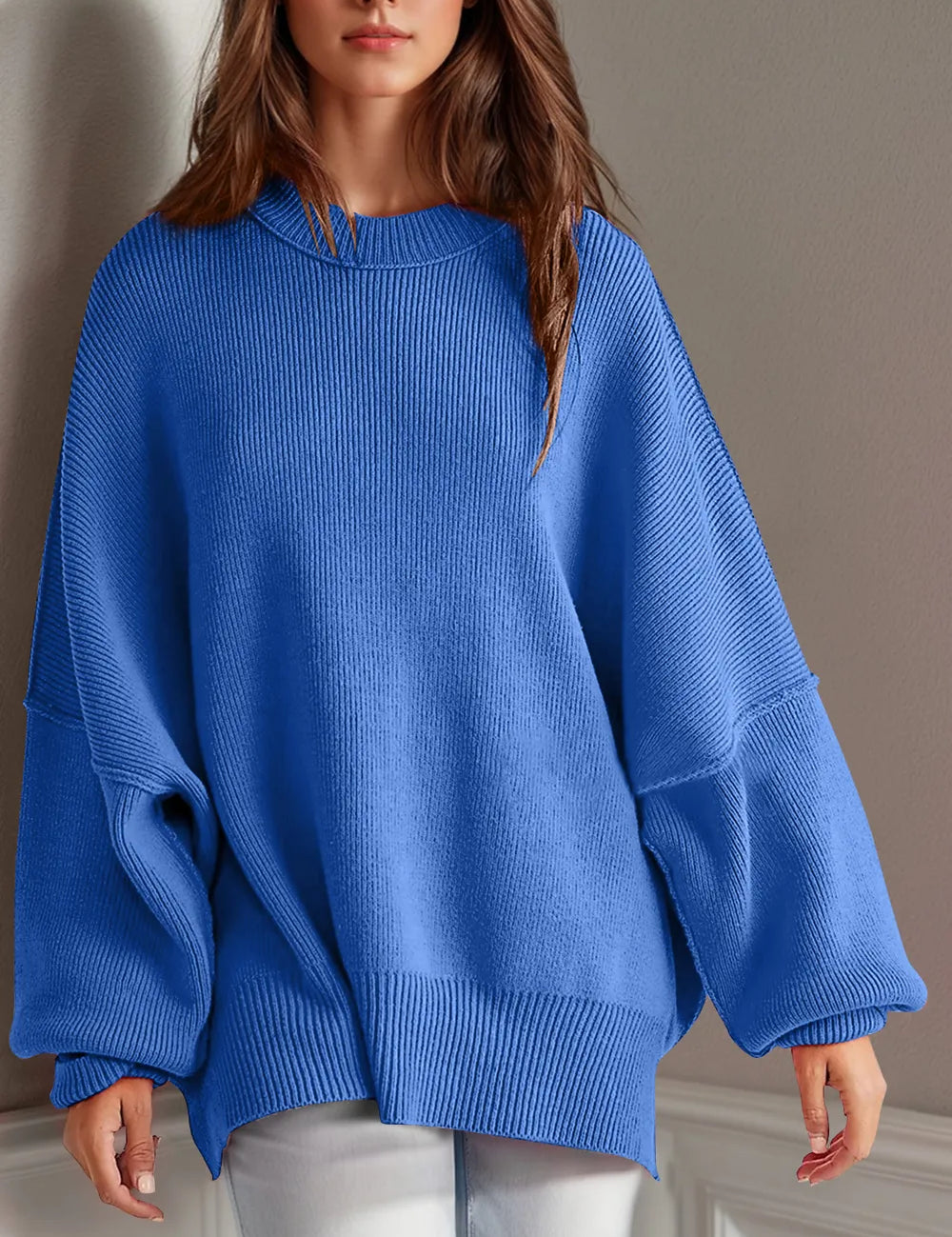Royal Blue Side Slit Round Neck Long Sleeve Sweater | Sweaters Daverri Fashions