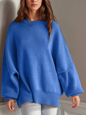 Royal Blue Side Slit Round Neck Long Sleeve Sweater | Sweaters Daverri Fashions