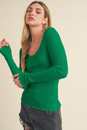 Aemi + Co Lettuce Hem Scoop Neck Long Sleeve Knit Top Dark Green