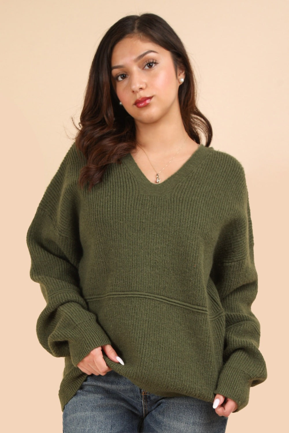 VERY J Seam Detail Drop Shoulder Hooded Sweater Olive S Tops