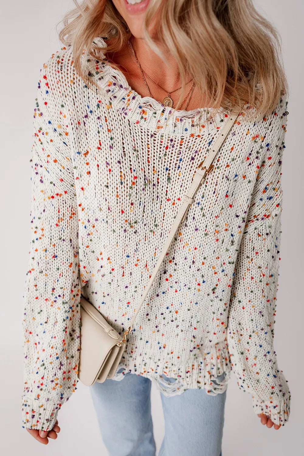 Confetti Distressed Hem Long Sleeve Sweater | Sweaters Daverri Fashions