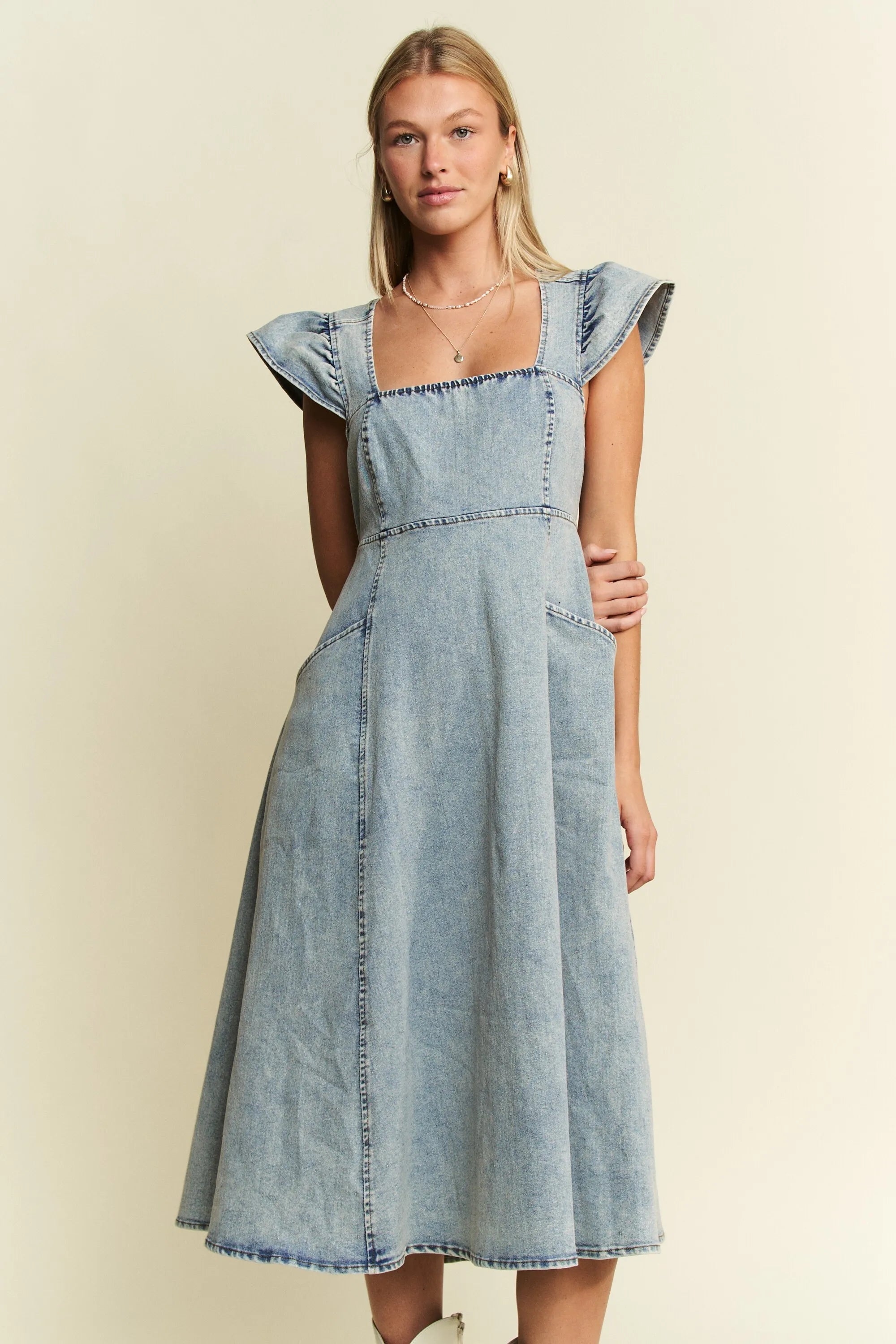 Jade By Jane Ruffled Denim Midi Dress | Midi Dresses Daverri Fashions