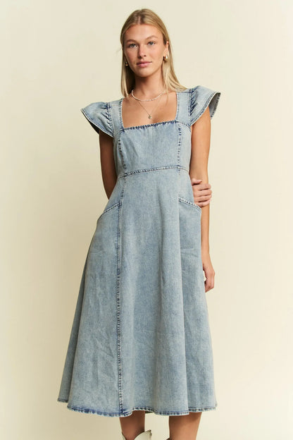 Jade By Jane Ruffled Denim Midi Dress - DAVERRI FASHIONS