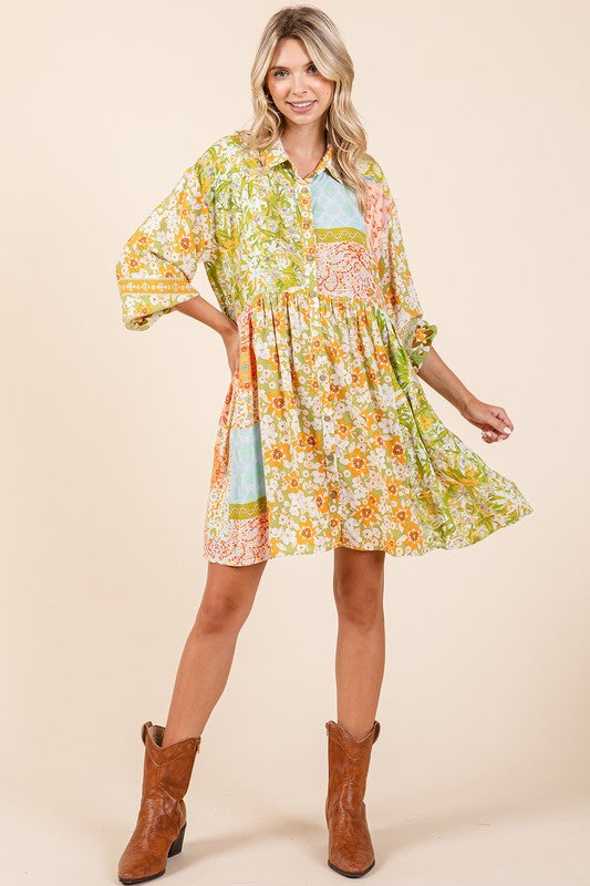 Mittoshop Floral Button Detail Long Sleeve Shirt Dress Mini Dresses