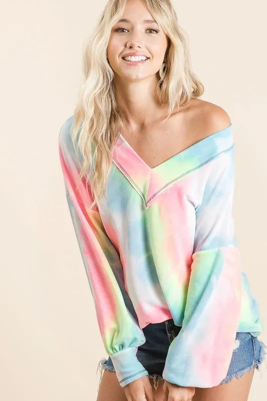 BiBi Tie Dye French Terry V-Neck Top with Puff Sleeves Tops