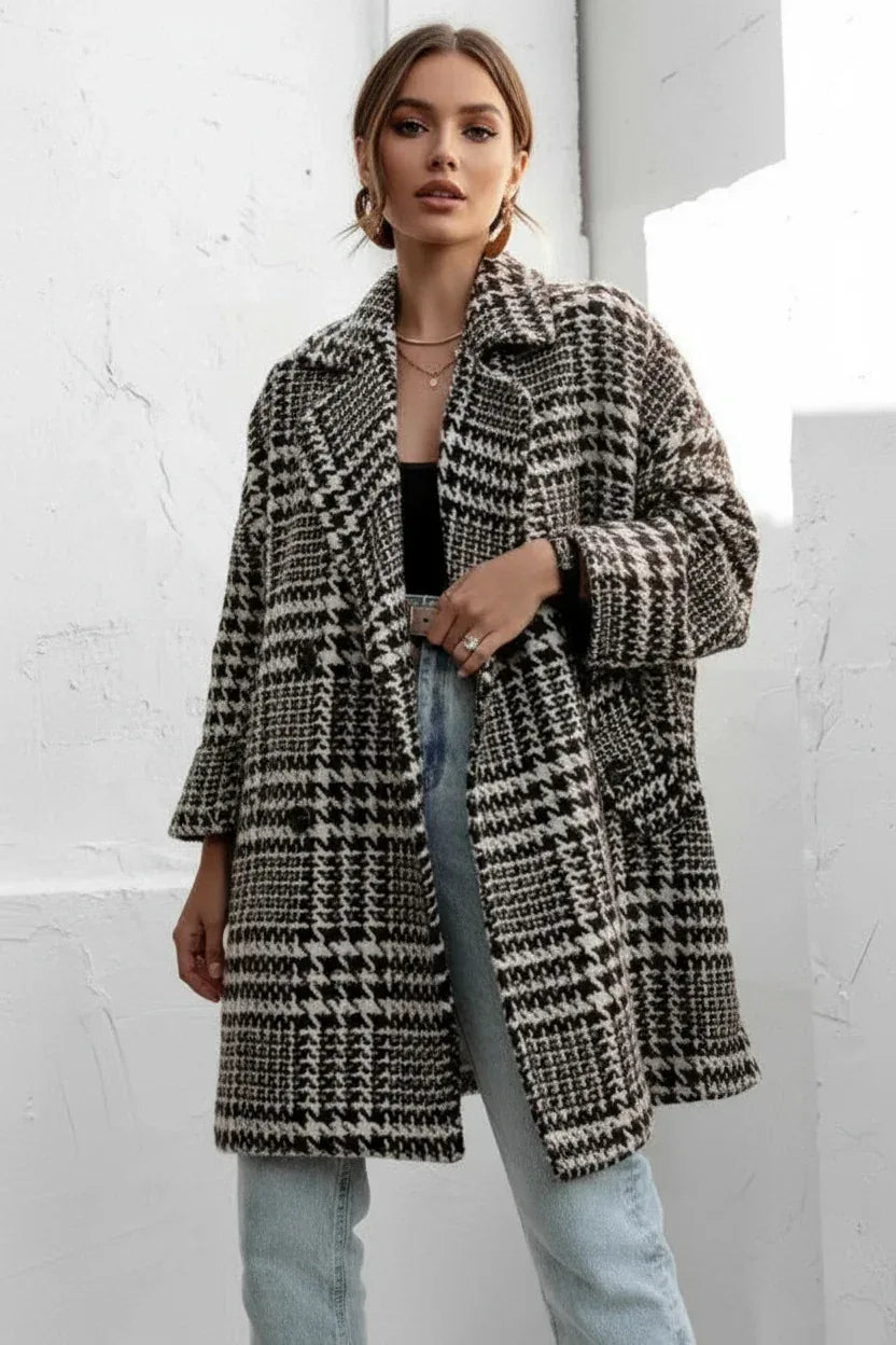 Houndstooth Collared Neck Long Sleeve Coat with Pockets - DAVERRI FASHIONS