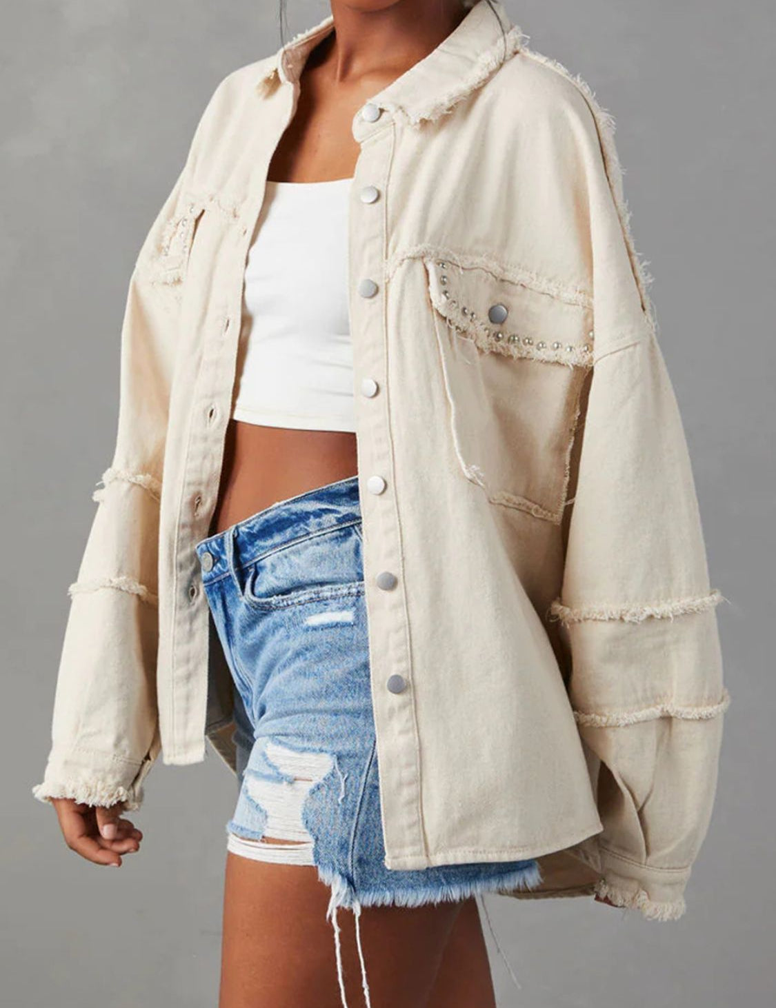 Ivory Button Down Raw Hem Denim Jacket | Denim Jackets Daverri Fashions