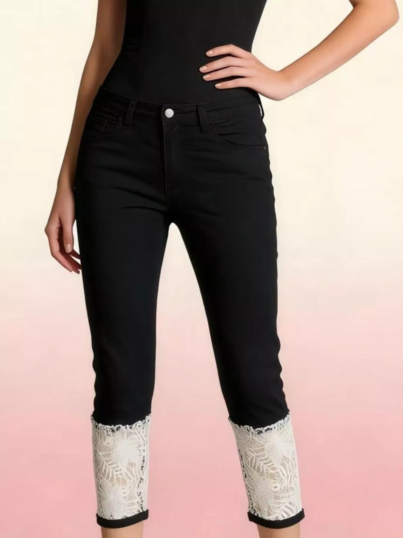 Daverri plus size lace trimmed black denim capri jeans cuffs