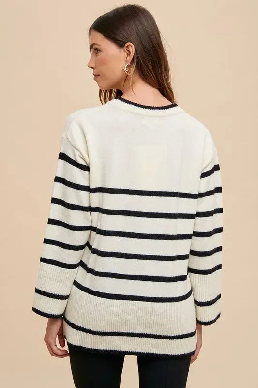 Annie Wear Side Slit Striped Round Neck Sweater - DAVERRI FASHIONS