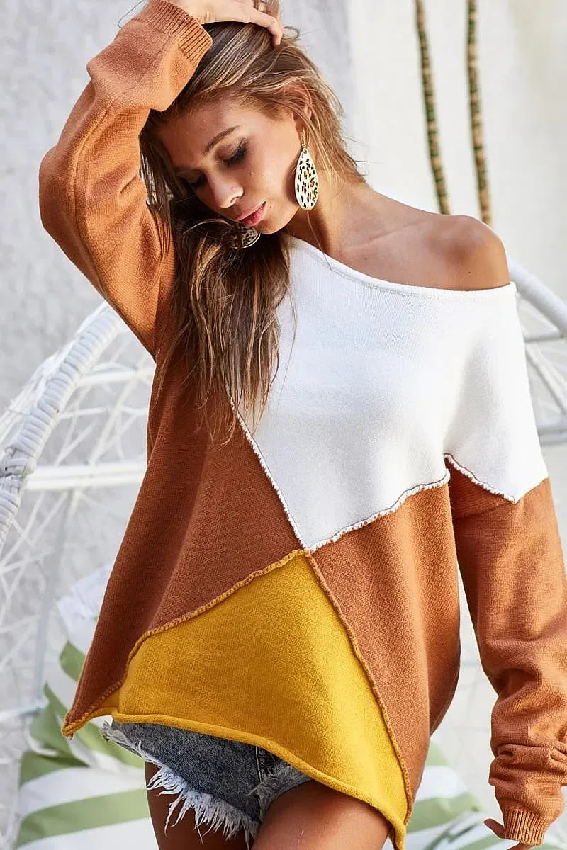 BiBi Color Block Geometric Sweater - DAVERRI FASHIONS