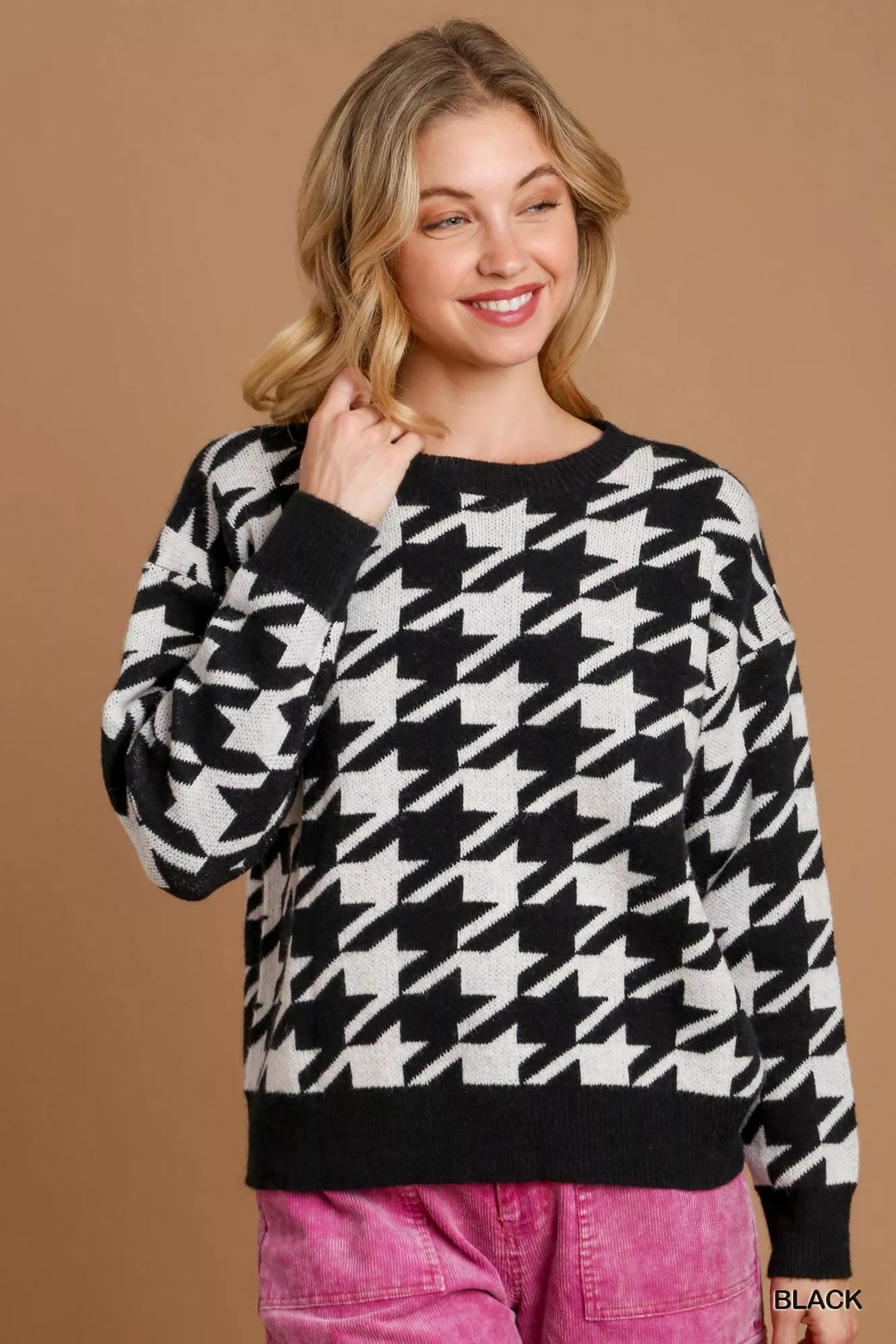 Black Umgee Houndstooth Round Neck Sweater | Daverri Fashions